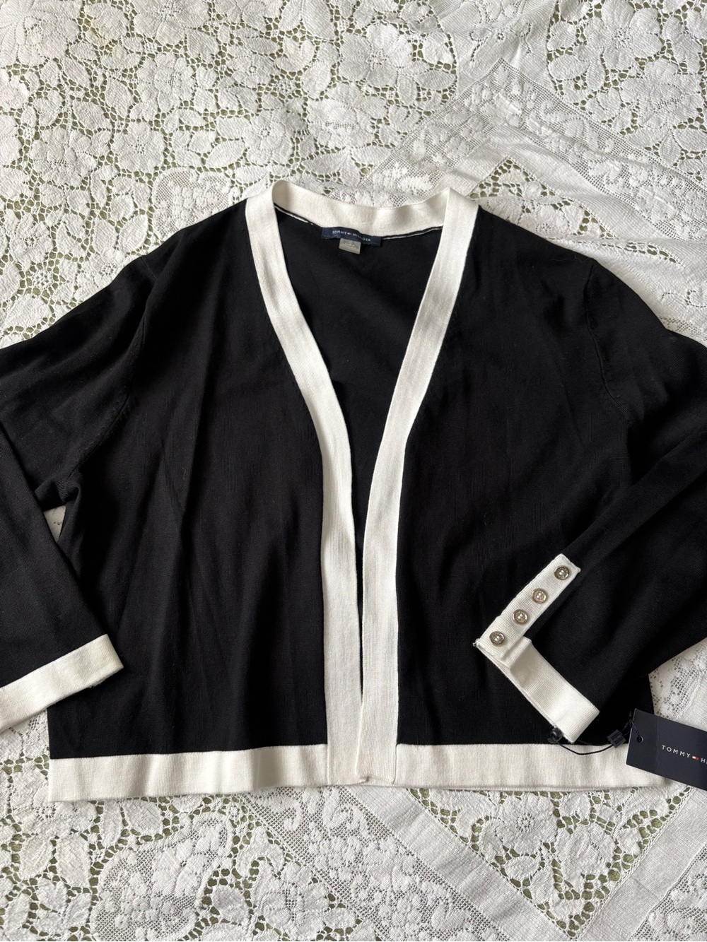 Tommy Hilfiger Black Cardigan with White Trim and Button Cuff